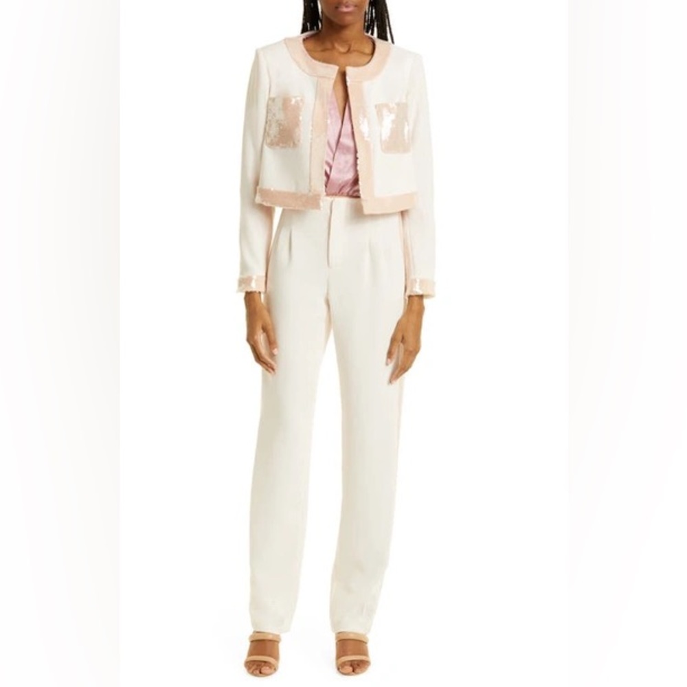RINA SEQUIN TRIM CROP JACKET IN PEARL/ TRAVERTINE